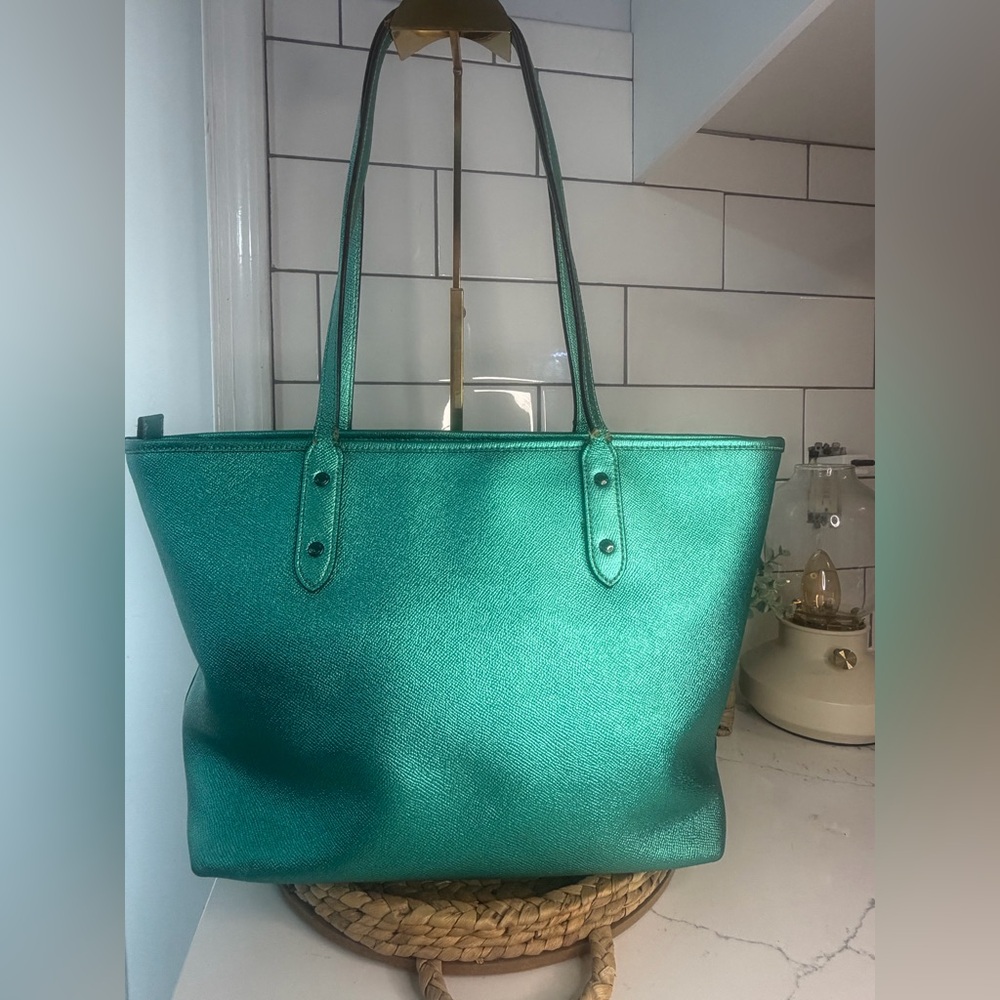 Authentic Coach Metallic Sea Green City Tote & matching Wallet - Picture 3 of 12